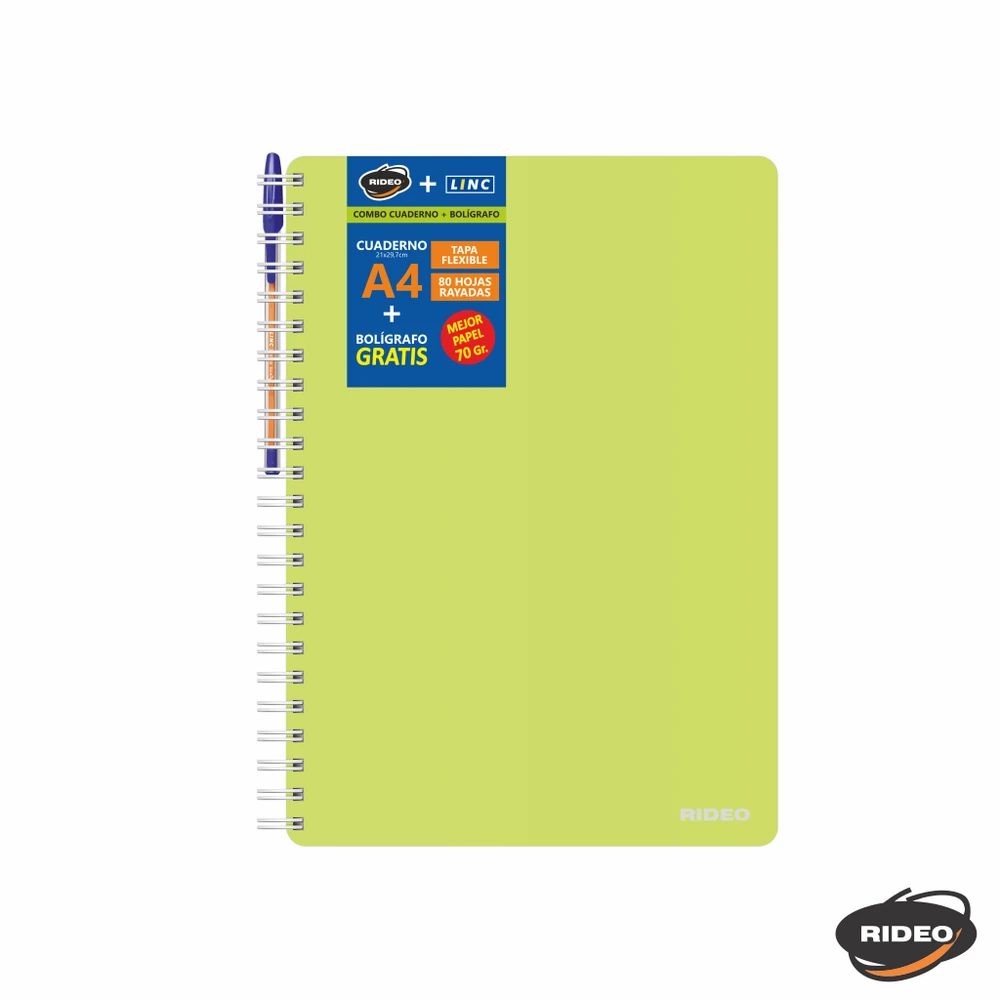 CUADERNO A4 RIDEO 160 HOJAS RAYADAS 70 GR FRESH