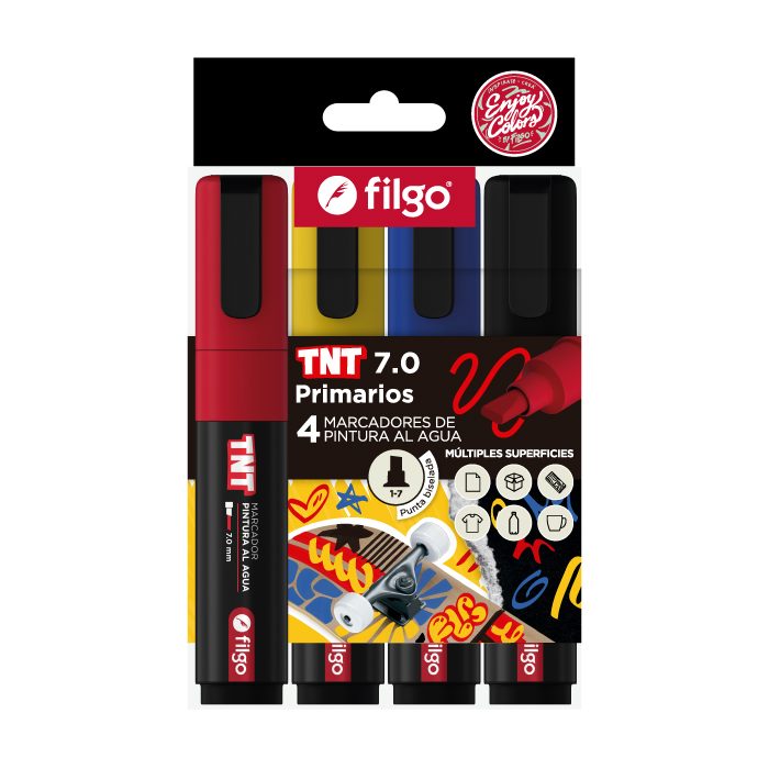 MARCADOR FILGO TNT AL AGUA 7.0 X4 PRIMARIOS EN ESTUCHE