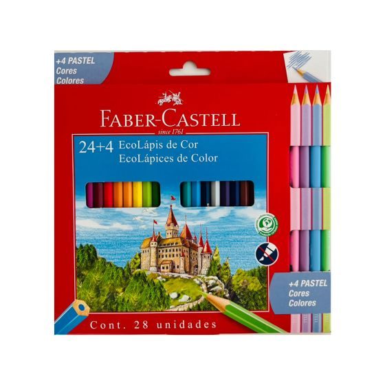 LAPICES DE COLORES FABER CASTELL X 24 LARGOS + 4 PASTEL 0665324