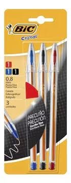 BOLIGRAFO BIC CRISTAL FINA BLISTER X3 COLORES CLASICOS